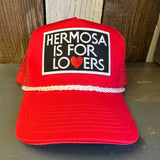 Hermosa Beach HERMOSA IS FOR LOVERS 5 panel Rope Trucker Cap - Red/White Braid (Curved Brim)