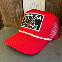 Hermosa Beach HERMOSA IS FOR LOVERS 5 panel Rope Trucker Cap - Red/White Braid (Curved Brim)