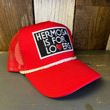 Hermosa Beach HERMOSA IS FOR LOVERS 5 panel Rope Trucker Cap - Red/White Braid (Curved Brim)