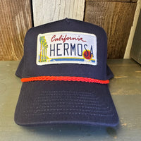 Hermosa Beach CALIFORNIA LICENSE PLATE 5 panel Rope Trucker Cap - Navy/Red Braid (Curved Brim)