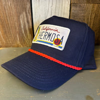 Hermosa Beach CALIFORNIA LICENSE PLATE 5 panel Rope Trucker Cap - Navy/Red Braid (Curved Brim)