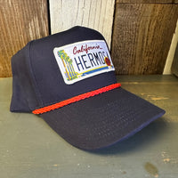 Hermosa Beach CALIFORNIA LICENSE PLATE 5 panel Rope Trucker Cap - Navy/Red Braid (Curved Brim)