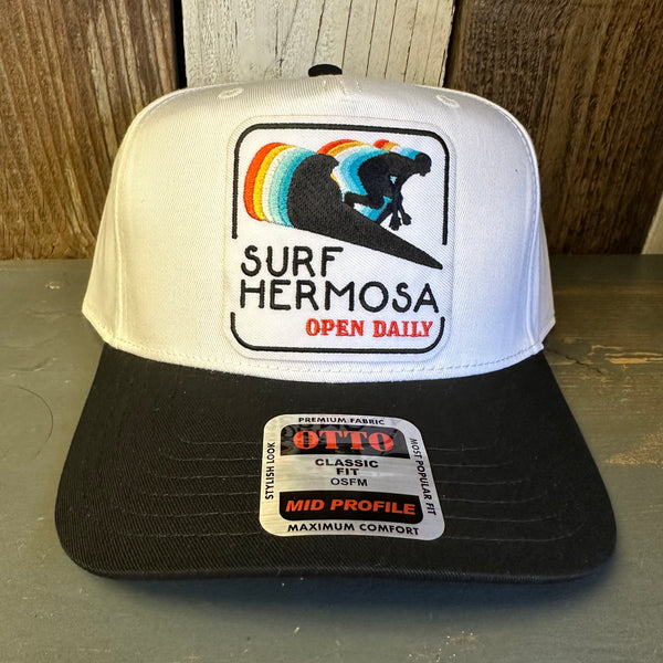 Hermosa Beach SURF HERMOSA :: OPEN DAILY 5 Panel Mid Profile Cap - Black/White