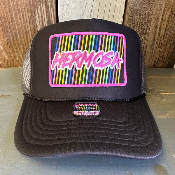 Hermosa Beach HERMOSA'84 High Crown Trucker Hat - Black/Charcoal/Black (Curved Brim)