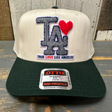 TRUE LOVE LOS ANGELES 5 Panel Baseball Cap :: FOR CALIFORNIA FIRE RELIEF - Dark Green/Natural