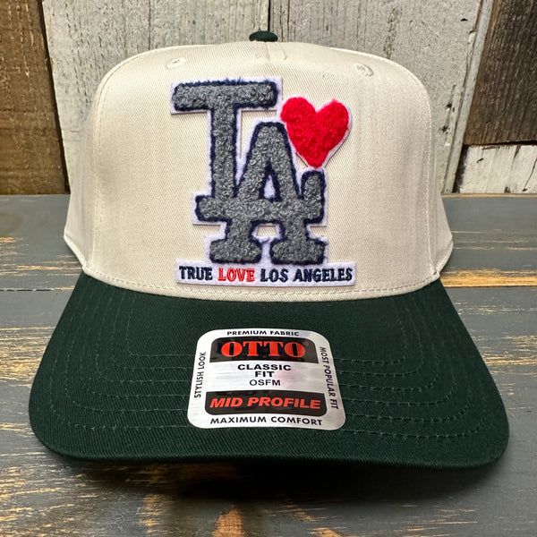 TRUE LOVE LOS ANGELES 5 Panel Baseball Cap :: FOR CALIFORNIA FIRE RELIEF - Dark Green/Natural