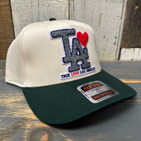 TRUE LOVE LOS ANGELES 5 Panel Baseball Cap :: FOR CALIFORNIA FIRE RELIEF - Dark Green/Natural