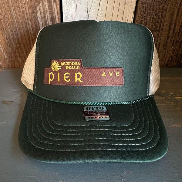 Hermosa Beach PIER AVE High Crown Trucker Hat - Dark Green/Khaki