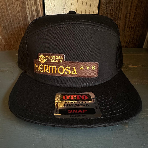 Hermosa Beach HERMOSA AVE 7 Panel Mid Profile Trucker Snapback Hat - Black
