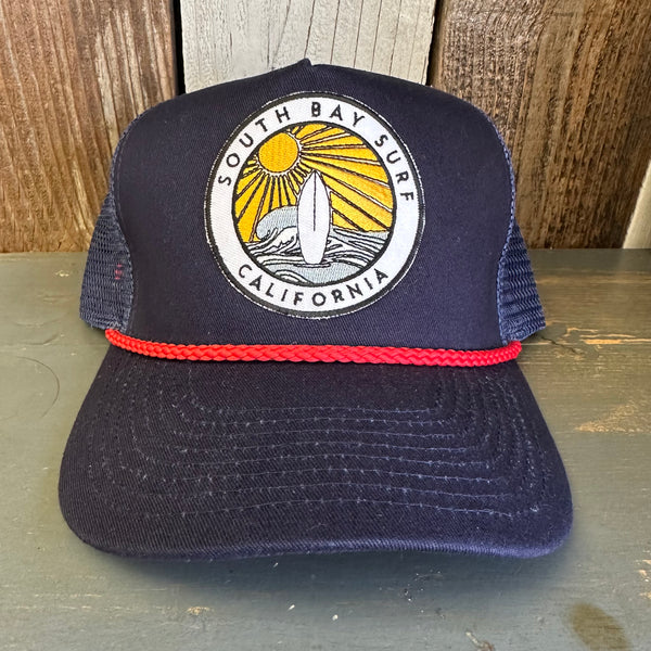 SOUTH BAY SURF (Multi Colored Patch) 5 panel Rope Trucker Cap - Navy/Red Braid (Curved Brim)