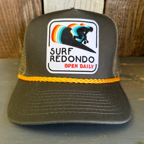 SURF REDONDO BEACH :: OPEN DAILY 5 panel Mesh Back, Rope cap - Loden/Gold Braid