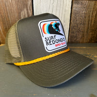 SURF REDONDO BEACH :: OPEN DAILY 5 panel Mesh Back, Rope cap - Loden/Gold Braid