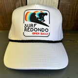 SURF REDONDO BEACH :: OPEN DAILY 5 panel Cotton Twill Front, Mesh Back, Rope cap - White/Black Braid