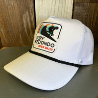 SURF REDONDO BEACH :: OPEN DAILY 5 panel Cotton Twill Front, Mesh Back, Rope cap - White/Black Braid