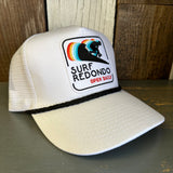 SURF REDONDO BEACH :: OPEN DAILY 5 panel Cotton Twill Front, Mesh Back, Rope cap - White/Black Braid