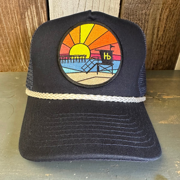 Hermosa Beach OBLIGATORY SUNSET 5 panel Rope Trucker Cap - Navy/White Braid (Curved Brim)