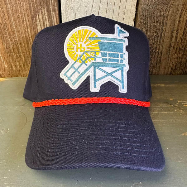 Hermosa Beach NORTH OF PIER LIFEGUARD TOWER 5 Panel Golf, Rope caps - Navy/Red Braid (Curved Brim)