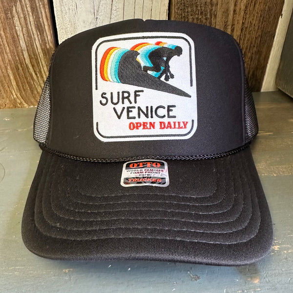 SURF VENICE BEACH :: OPEN DAILY High Crown Trucker Hat - Black (Curved Brim)