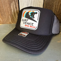 SURF VENICE BEACH :: OPEN DAILY High Crown Trucker Hat - Black (Curved Brim)