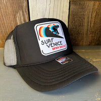 SURF VENICE BEACH :: OPEN DAILY High Crown Trucker Hat - Black (Curved Brim)