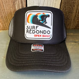 SURF REDONDO BEACH :: OPEN DAILY High Crown Trucker Hat - Black (Curved Brim)