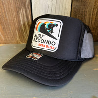 SURF REDONDO BEACH :: OPEN DAILY High Crown Trucker Hat - Black (Curved Brim)