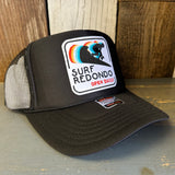 SURF REDONDO BEACH :: OPEN DAILY High Crown Trucker Hat - Black (Curved Brim)