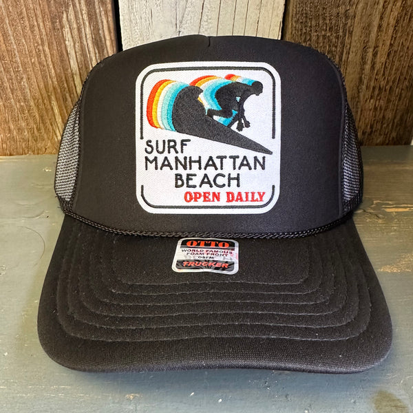 SURF MANHATTAN BEACH :: OPEN DAILY High Crown Trucker Hat - Black (Curved Brim)