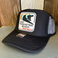 SURF MANHATTAN BEACH :: OPEN DAILY High Crown Trucker Hat - Black (Curved Brim)