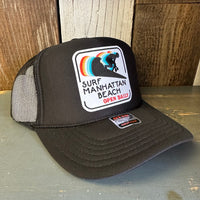 SURF MANHATTAN BEACH :: OPEN DAILY High Crown Trucker Hat - Black (Curved Brim)