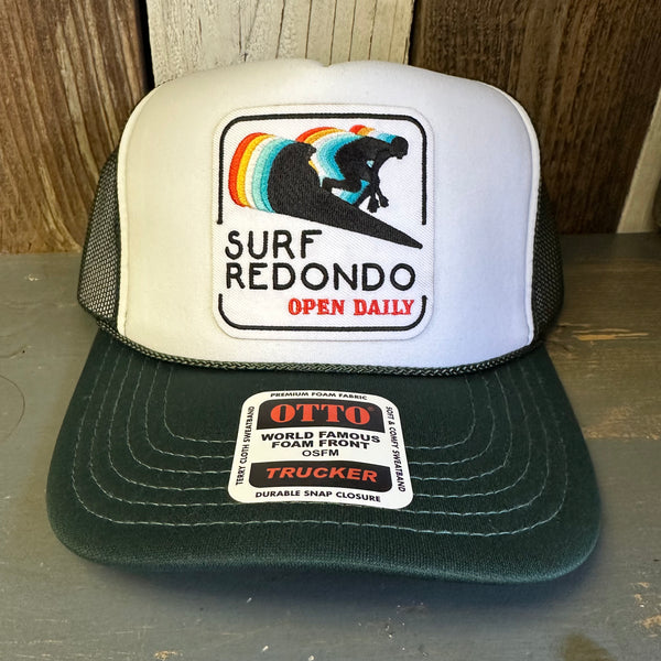 SURF REDONDO BEACH :: OPEN DAILY High Crown Trucker Hat - Dark Green/White