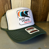 SURF VENICE BEACH :: OPEN DAILY High Crown Trucker Hat - Dark Green/White