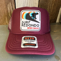 SURF REDONDO BEACH :: OPEN DAILY High Crown Trucker Hat - Burgundy Maroon