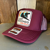 SURF REDONDO BEACH :: OPEN DAILY High Crown Trucker Hat - Burgundy Maroon