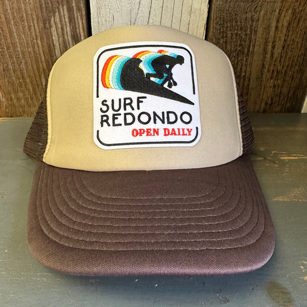 SURF REDONDO :: OPEN DAILY Foam TRUCKER Cap Hat - Brown/Khaki/Brown