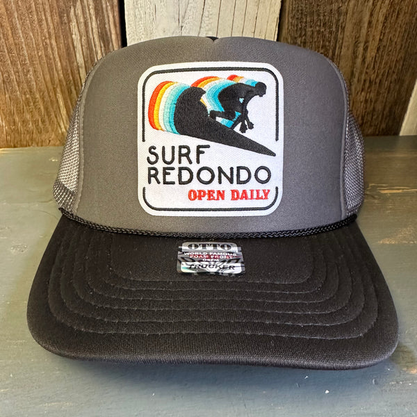 SURF REDONDO BEACH :: OPEN DAILY Trucker Hat - Charcoal/Black (Curved Brim)