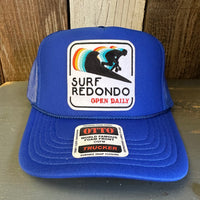 SURF REDONDO BEACH :: OPEN DAILY High Crown Trucker Hat - Royal Blue (Curved Brim)