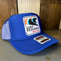 SURF REDONDO BEACH :: OPEN DAILY High Crown Trucker Hat - Royal Blue (Curved Brim)