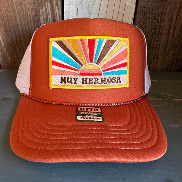 Hermosa Beach MUY HERMOSA High Crown Trucker Hat - Texas Orange/White