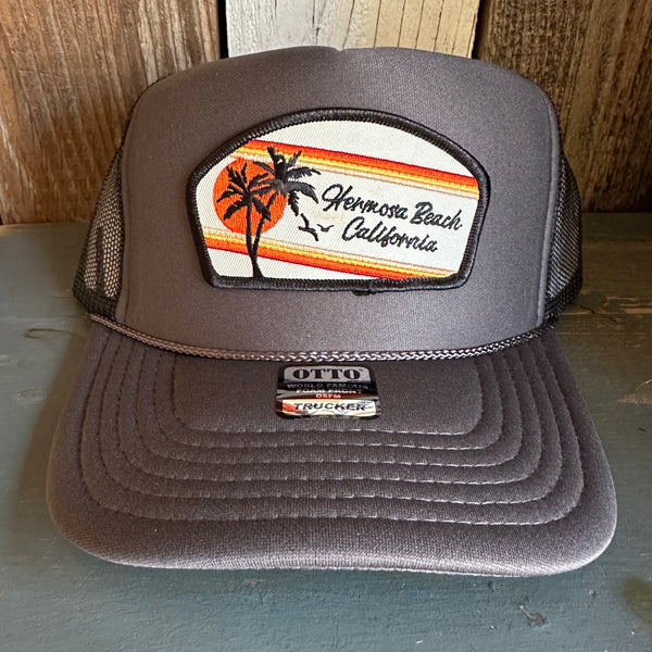 Hermosa Beach RETRO SUNSET High Crown Trucker Hat - Charcoal/Black (Curved Brim)