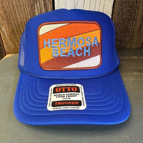 Hermosa Beach GOLF CARTS & YOGA PANTS High Crown Trucker Hat - Royal Blue (Curved Brim)