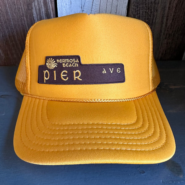 Hermosa Beach PIER AVE High Crown Trucker Hat - Gold
