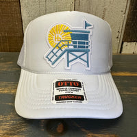 Hermosa Beach LIFEGUARD TOWER High Crown Trucker Hat - White