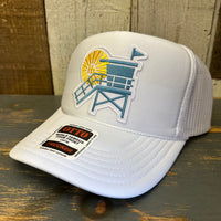 Hermosa Beach LIFEGUARD TOWER High Crown Trucker Hat - White