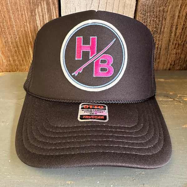 Hermosa Beach SO PITTED! :: HB SURFBOARD High Crown Trucker Hat - Black (Curved Brim)