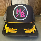 Hermosa Beach SO PITTED! :: HB SURFBOARD 5 Panel High Crown Mesh Back Captain Trucker Hat- Black/Gold