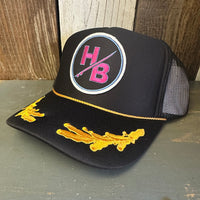 Hermosa Beach SO PITTED! :: HB SURFBOARD 5 Panel High Crown Mesh Back Captain Trucker Hat- Black/Gold