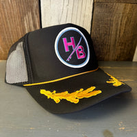 Hermosa Beach SO PITTED! :: HB SURFBOARD 5 Panel High Crown Mesh Back Captain Trucker Hat- Black/Gold