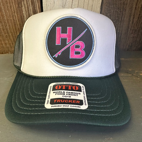 Hermosa Beach SO PITTED! :: HB SURFBOARD High Crown Trucker Hat - Dark Green/White