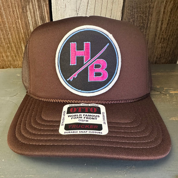 Hermosa Beach SO PITTED! :: HB SURFBOARD  High Crown PREMIUM Trucker Hat - Brown (Curved Brim)